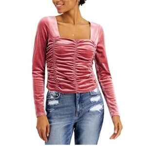 Fairycore Love,Fire Pink Ruched Velvet Square-Neck Long Sleeve Crop Top Junior L
